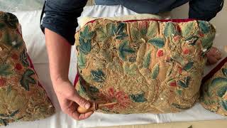 Sunday Antique Crewel Work Collection Video 4  Cushions  Jacobean Hunt amp The Restoration Pillowe [upl. by Elonore248]