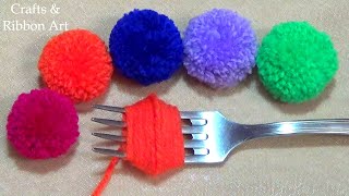 Super Easy Pom Pom Making Ideas with Fork  Hand Embroidery Amazing Trick Easy Woolen Flower Making [upl. by Curson520]