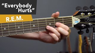 REM Everybody Hurts Guitar Lesson Tutorial for Beginners EASY RIFF  Barre Chords [upl. by Henn501]