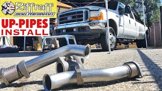 2001 F350 73  RiffRaff UpPipes Install  Stock up pipes leaking and falling apart JUNK SP [upl. by Yenitirb809]