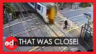 Incredible Near Miss With Train After Man Ignores Level Crossing Barrier [upl. by Hedaza747]