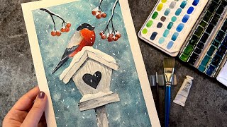 Winter watercolor tutorial  Painting a cute little bird in snow [upl. by Zurheide344]