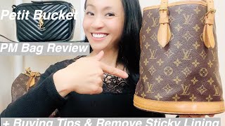 Part 1 Louis Vuitton Vintage Petite Bucket Bag Review Preloved Buying Tips amp Remove Sticky Lining [upl. by Gnek510]