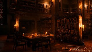 OLD LIBRARY AMBIENCE Rain Sounds Book Sounds Writing Sounds Candle Flame Crackle [upl. by Nonie]