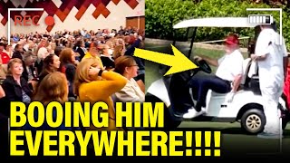 Trump RUNS TO GOLF and GETS BOOED EVERYWHERE [upl. by Naillimxam]