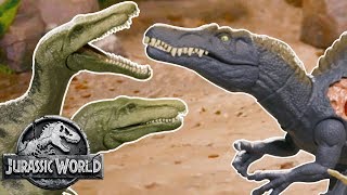 Dino Battles Spinosaurus Vs Baryonx  Jurassic World  Mattel Action [upl. by Ahsiened]