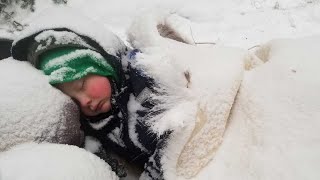 Winter Survival Camping with 4 yr old in Alaska  Primitive Survival Shelter [upl. by Teador]